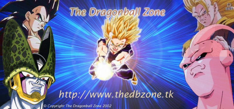 Het Enterlogo van The Dragonball Zone uit 2002: Gohan met een kamehameha tussen Vegeta, Cell en Buu, met www.thedbzone.tk eronder.